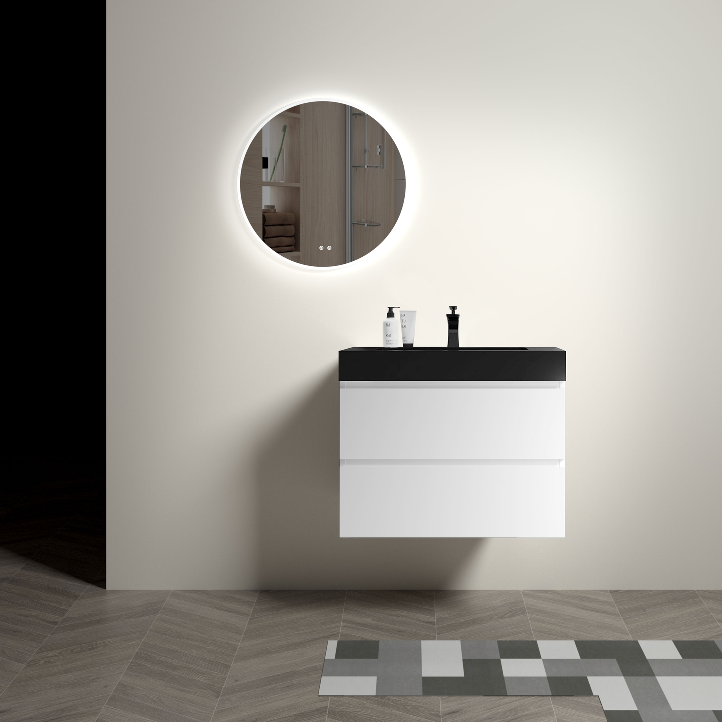 Modern white and black wallmounted vanity with LED mirror