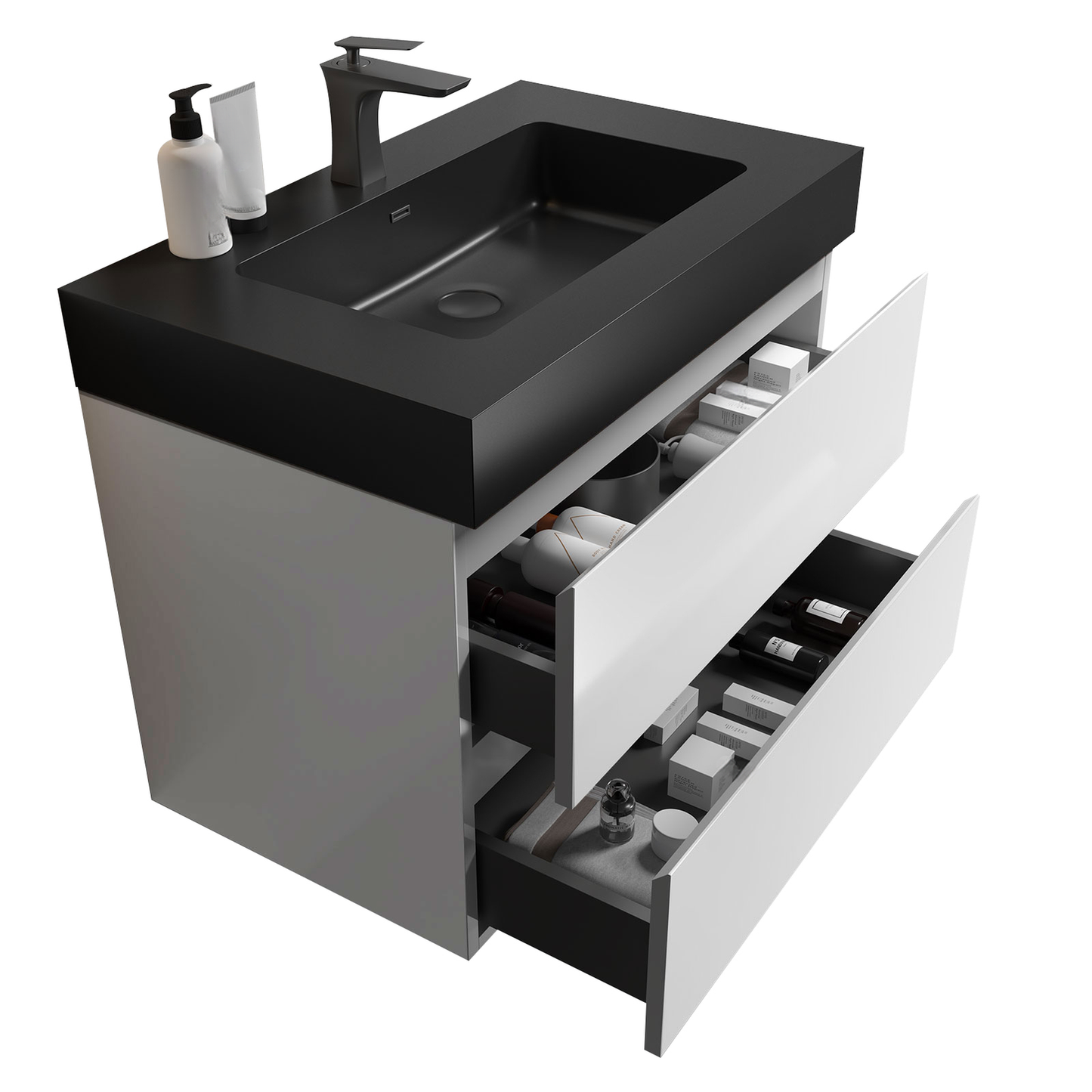 Modern grey and white bathroom vanity with black countertop and open drawers