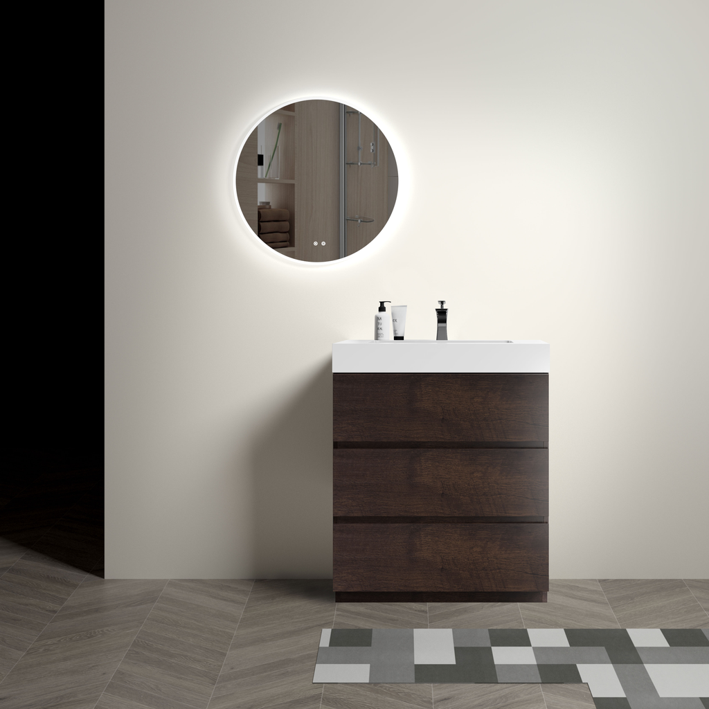 Modern dark wood bathroom vanity with white countertop and integrated sink