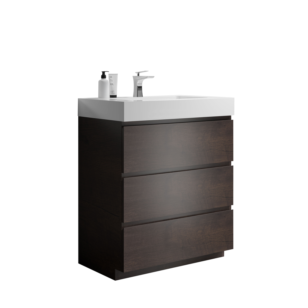 Modern espresso oak vanity with white integrated sink and chrome faucet
