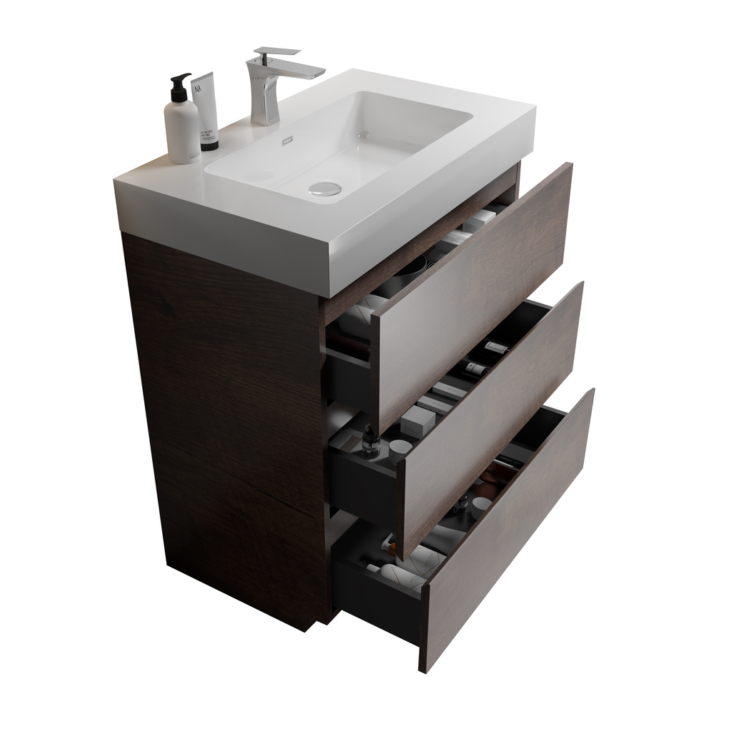 Modern espresso bathroom vanity with three drawers and white integrated sink