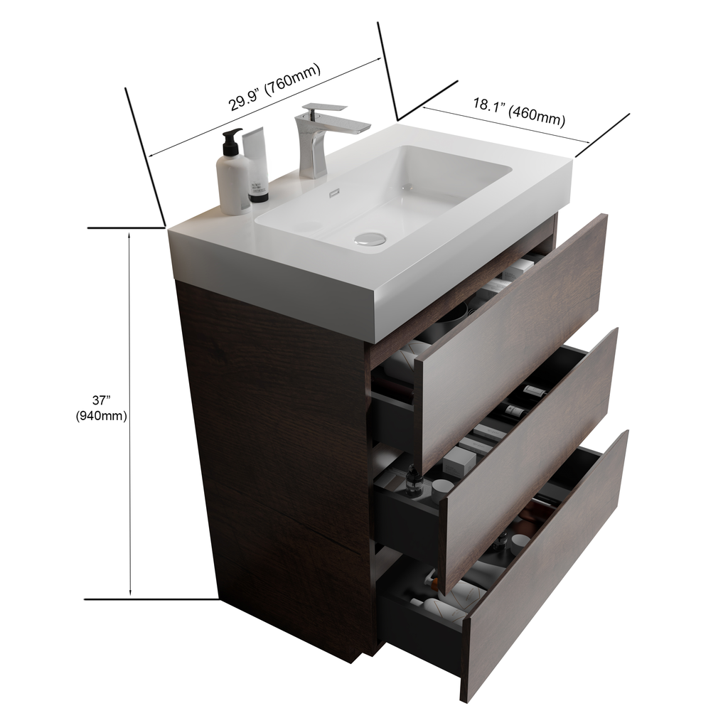 Dark wood vanity with white sink and chrome faucet featuring three open drawers