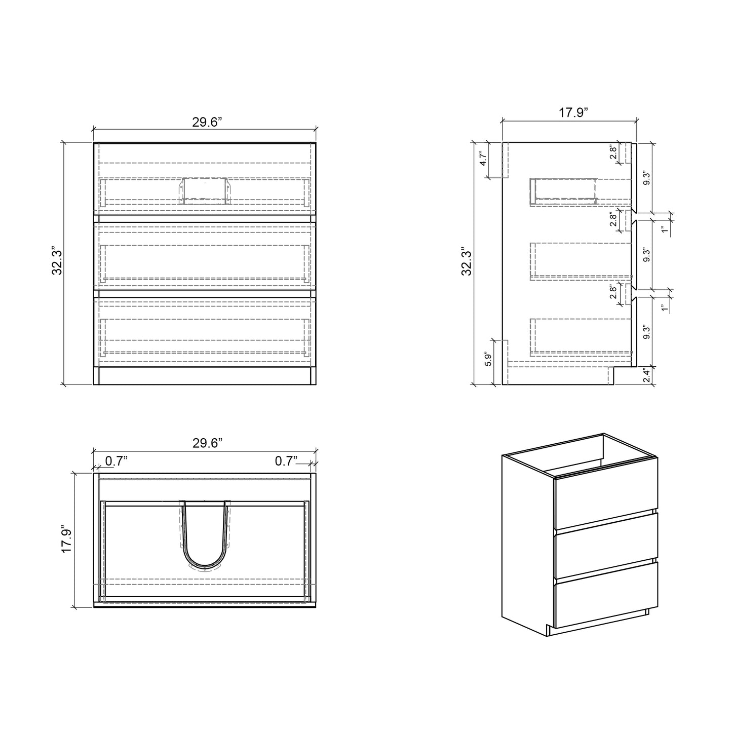 Blueprint of inch wide bathroom vanity with three drawers