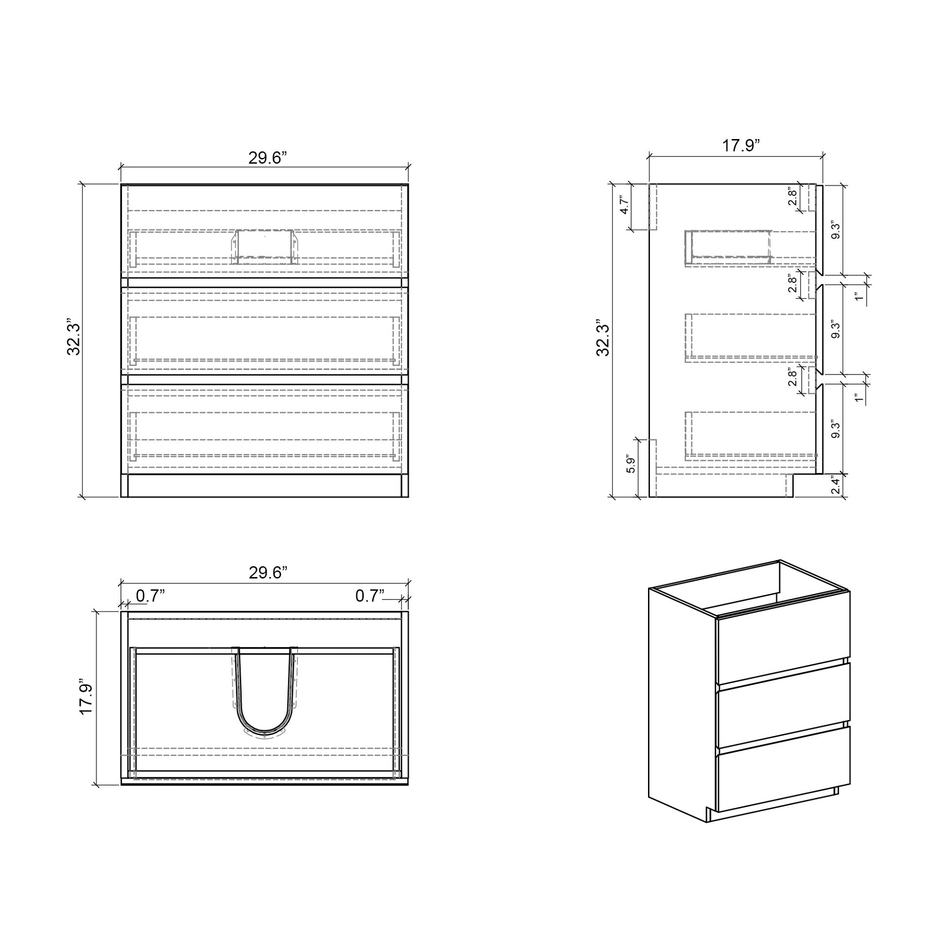 Blueprint of inch wide bathroom vanity with three drawers