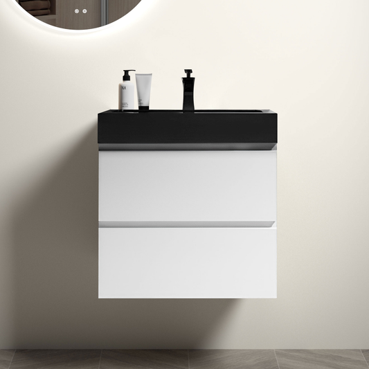 Modern white vanity with black countertop and two drawers