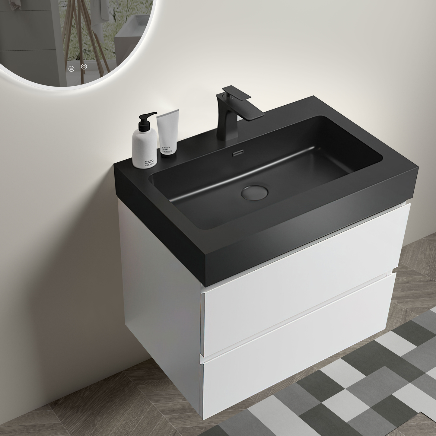 Modern black wallmounted vanity with two white drawers