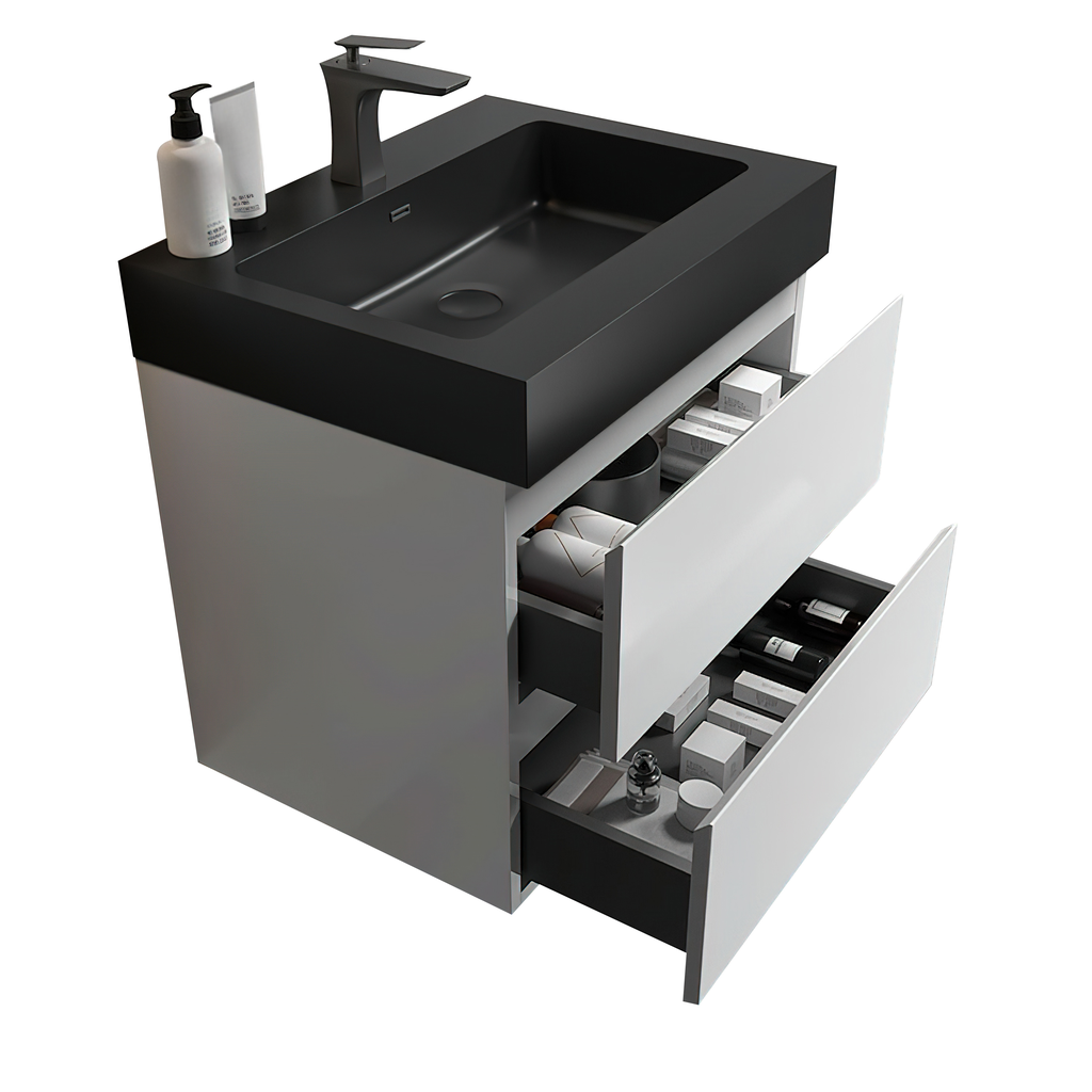 Modern grey and white bathroom vanity with black composite sink and open drawers