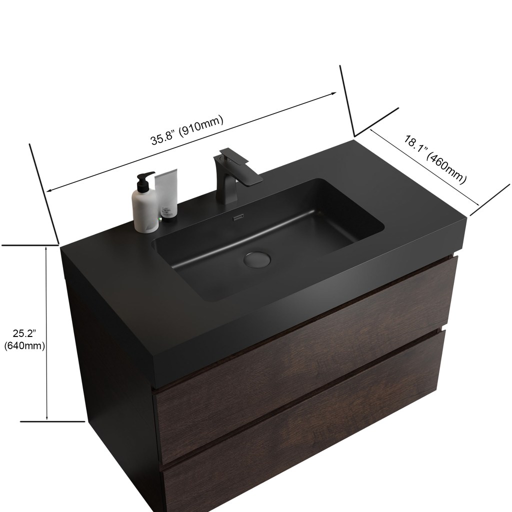 Modern bathroom vanity with dark wood drawers and a black integrated sink