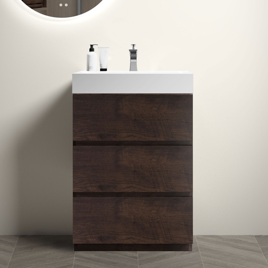 Dark oak bathroom vanity with three drawers and white quartz top