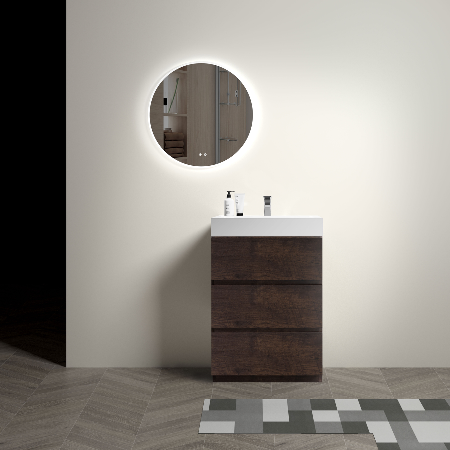 Dark walnut vanity with white countertop and LED mirror