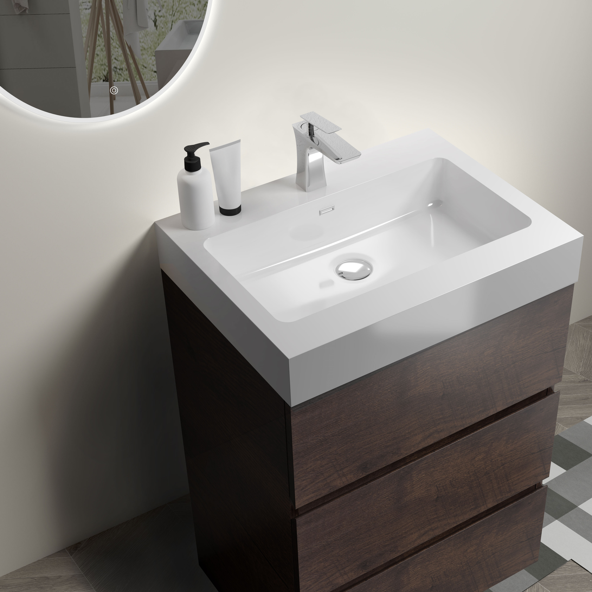 Modern dark wood vanity with a white integrated sink and chrome faucet