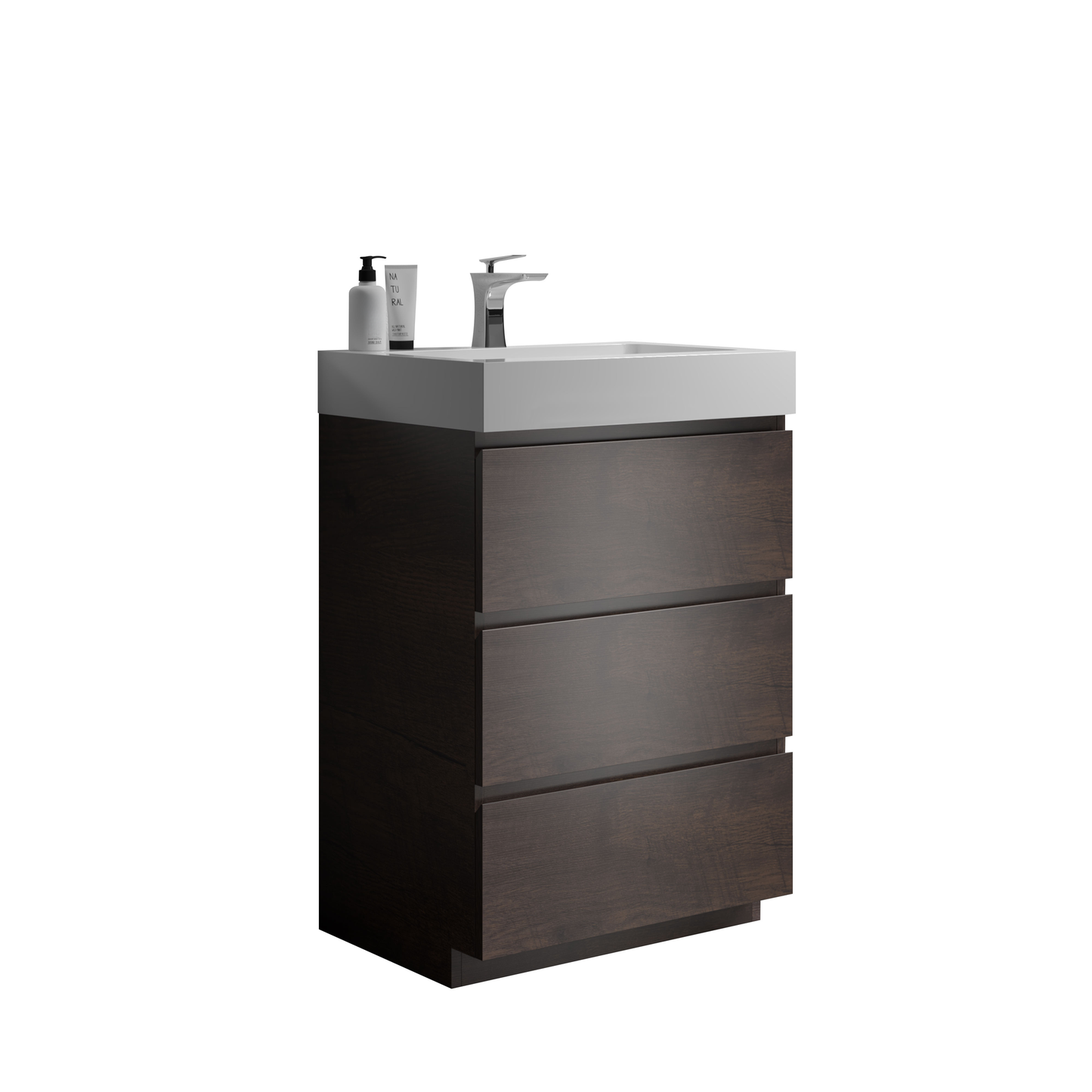Modern dark oak bathroom vanity with integrated sink and chrome faucet