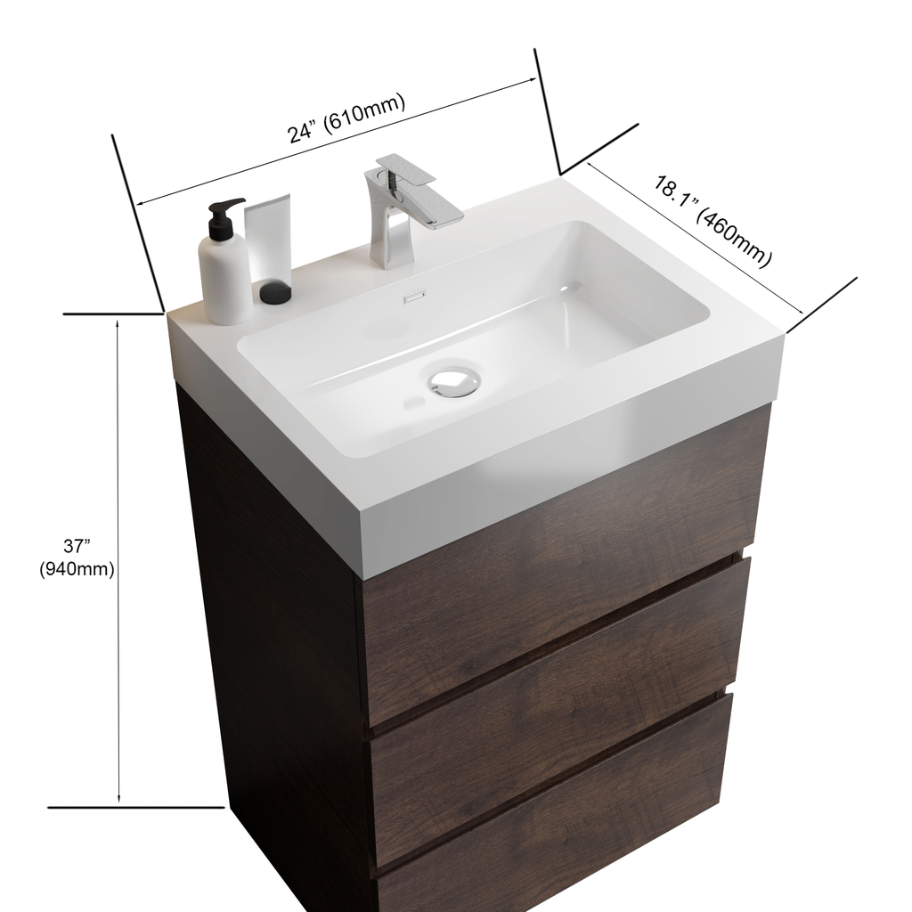 Modern dark wood vanity with white ceramic sink and chrome faucet