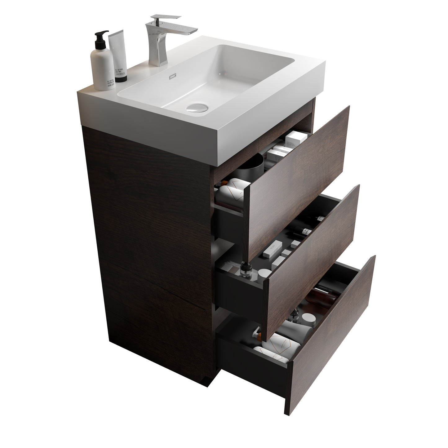 Dark wood bathroom vanity with white integrated sink and three drawers