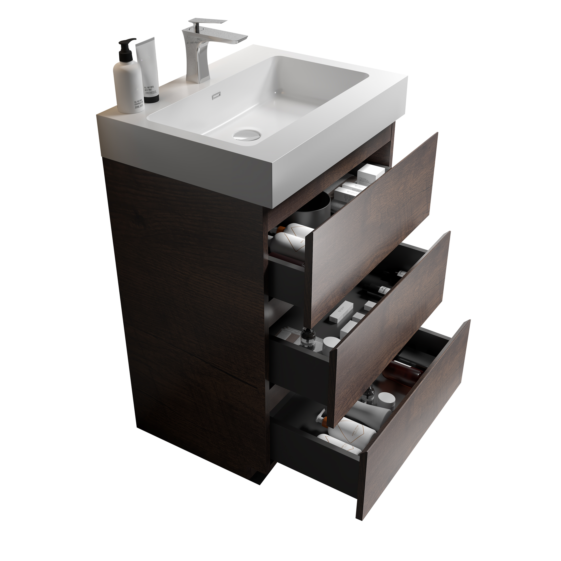 Dark wood bathroom vanity with white integrated sink and three drawers