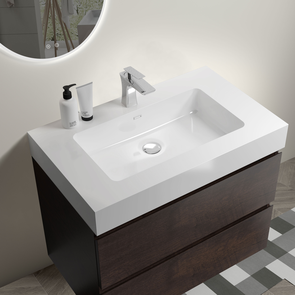 Modern wallmounted bathroom vanity with dark wood finish and integrated white sink