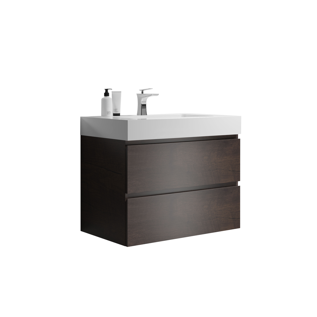 Modern wallmount vanity with dark wood drawers and white countertop