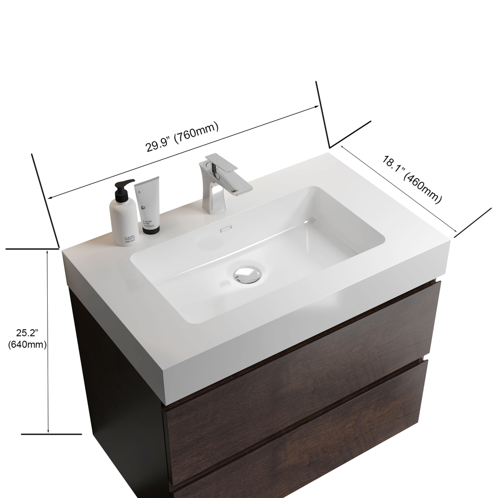 Modern wallmounted bathroom vanity with white quartz top and dark wood drawers