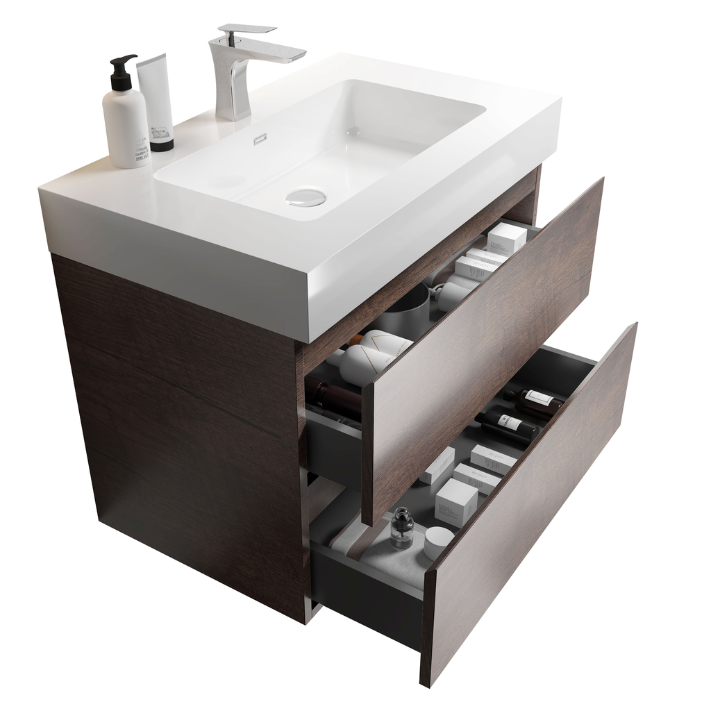 Dark oak modern bathroom vanity with white countertop and two drawers open