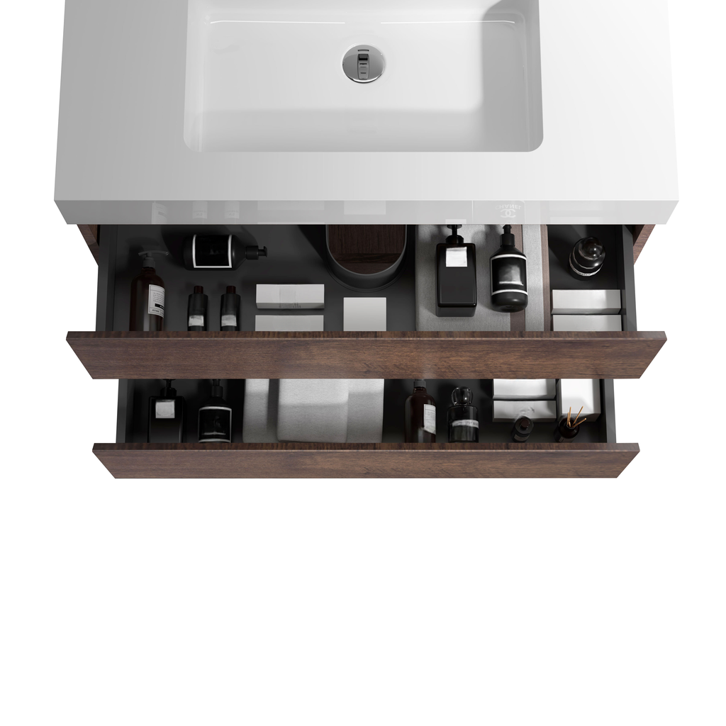 Modern bathroom vanity with two open drawers displaying toiletries and wooden finish