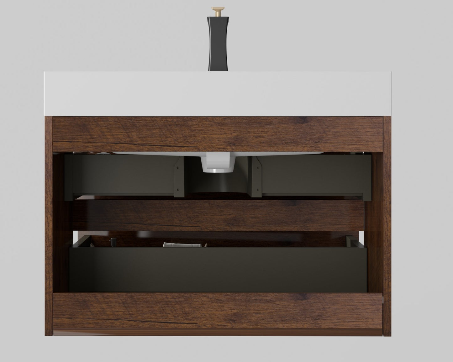 Modern brown wood vanity with white countertop and black faucet