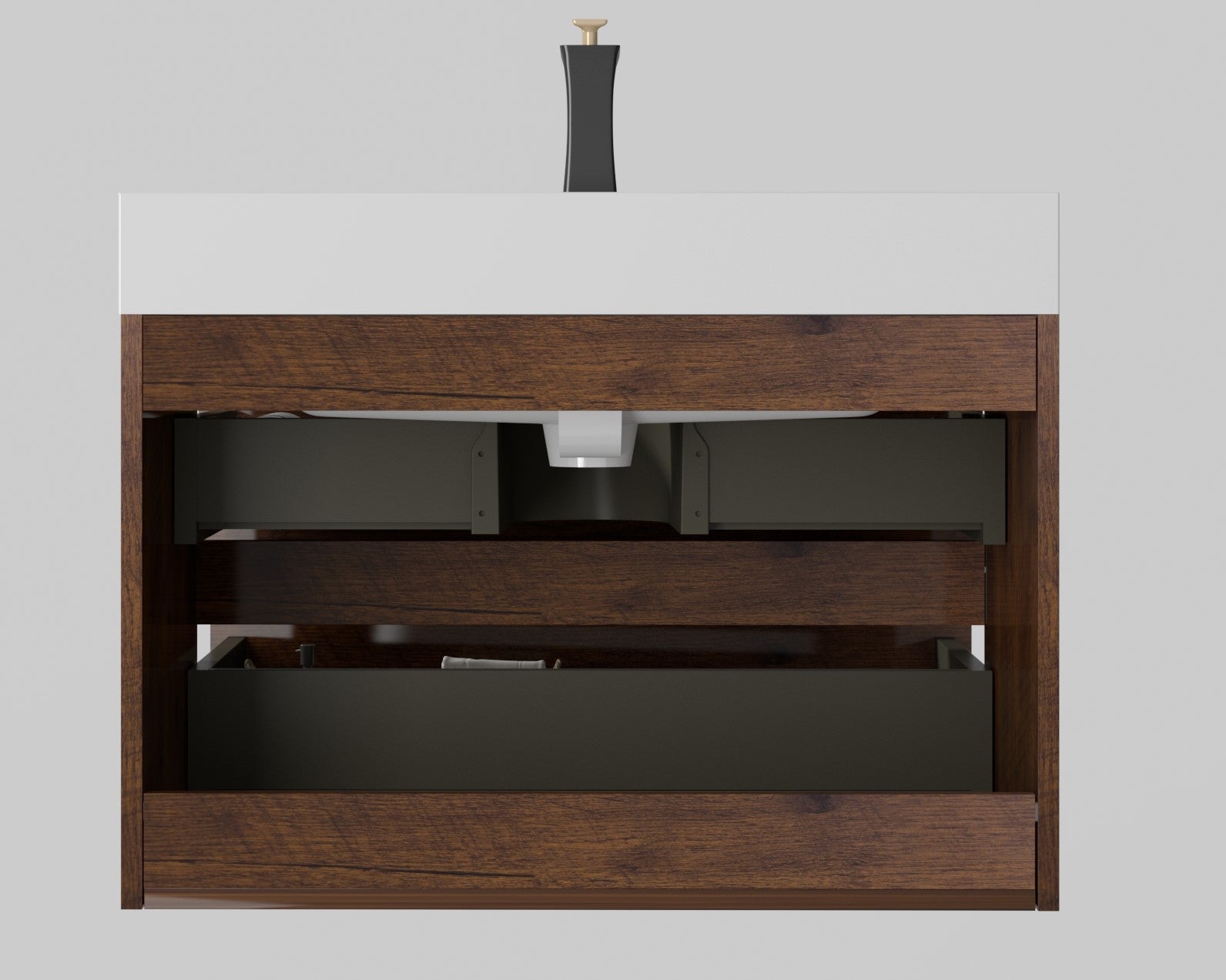 Modern brown wood vanity with white countertop and black faucet