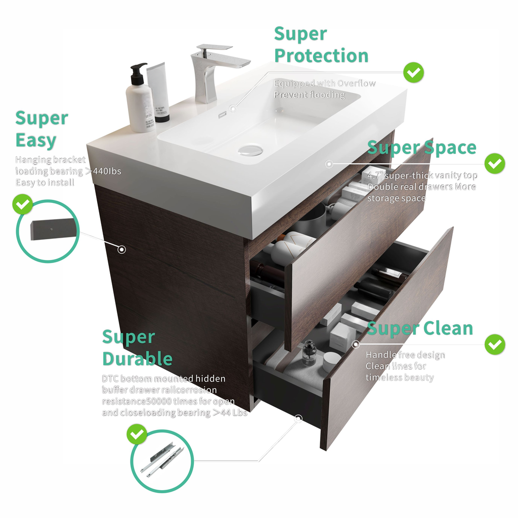 Modern dark wood bathroom vanity with white countertop and sink