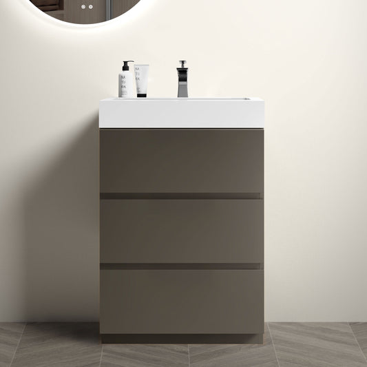 Modern grey vanity cabinet with three drawers and white integrated sink