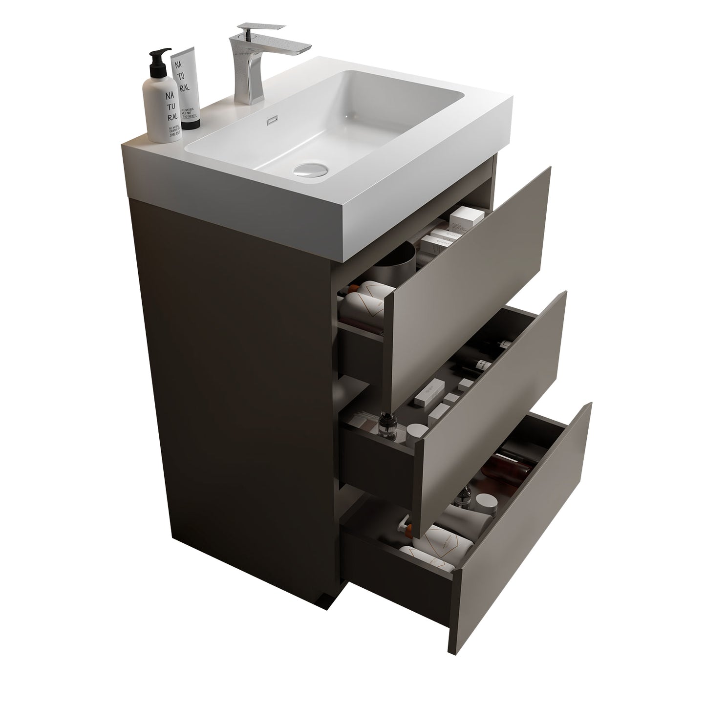 Modern grey bathroom vanity with white sink and open drawers storing toiletries