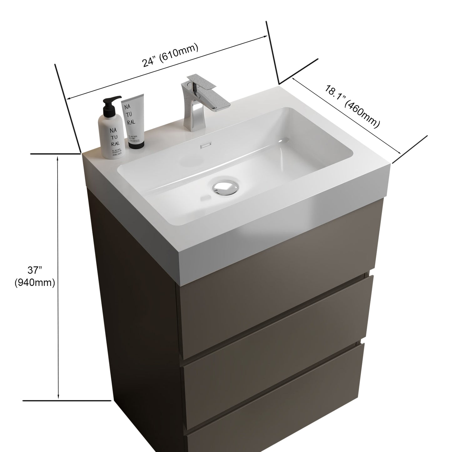 Modern inch bathroom vanity with white ceramic sink and dark gray drawers