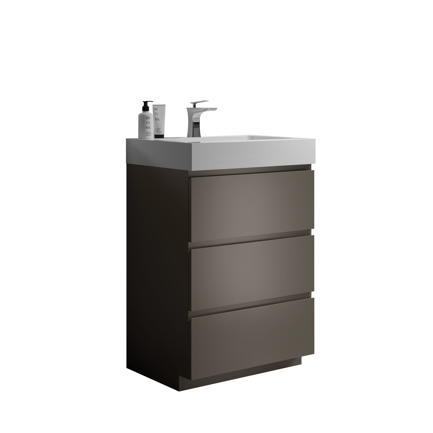 Modern taupe bathroom vanity with integrated white sink and chrome faucet