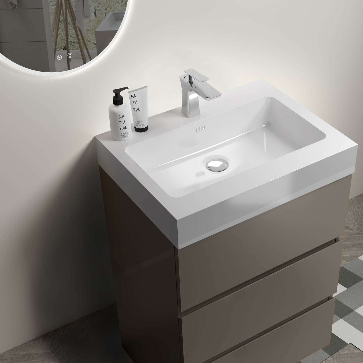 Modern taupe bathroom vanity with white basin and chrome faucet