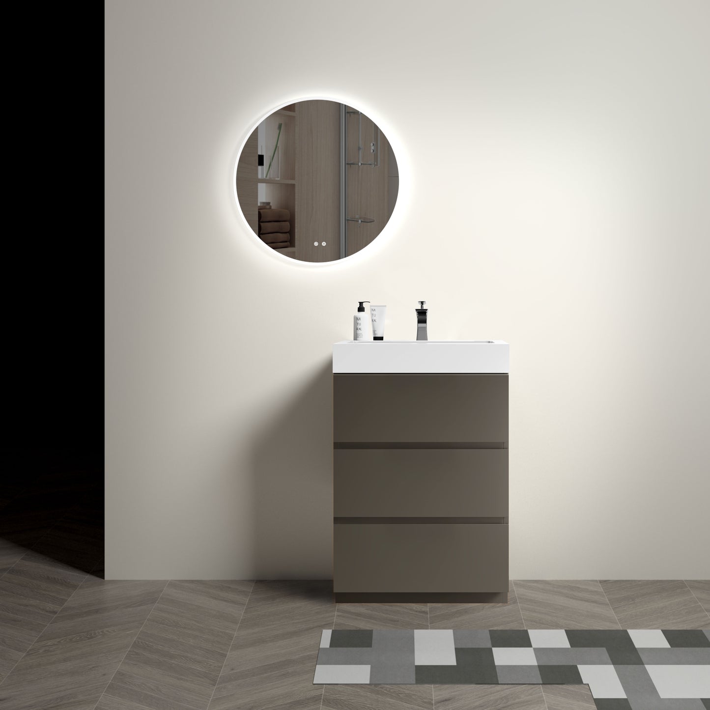 Modern grey bathroom vanity with three drawers and white countertop