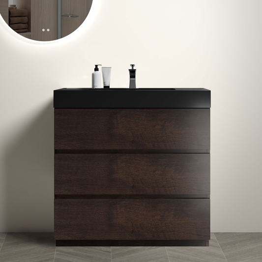 Modern dark wood bathroom vanity with black top and chrome faucet