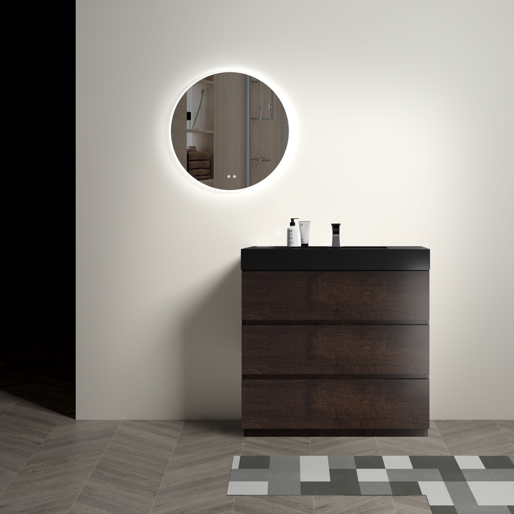 Modern dark wood bathroom vanity with three drawers and black countertop