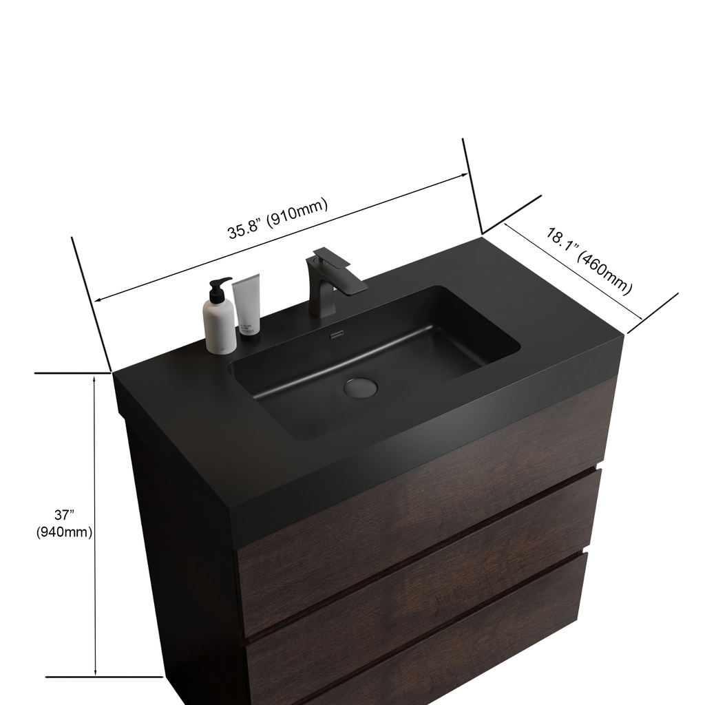 Modern single bathroom vanity with dark wood drawers and black countertop