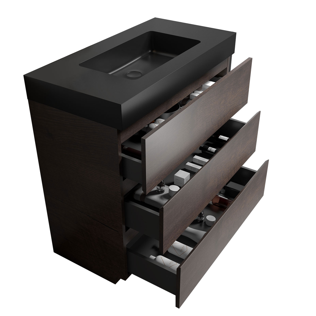 Modern dark wood bathroom vanity with integrated black sink and three drawers