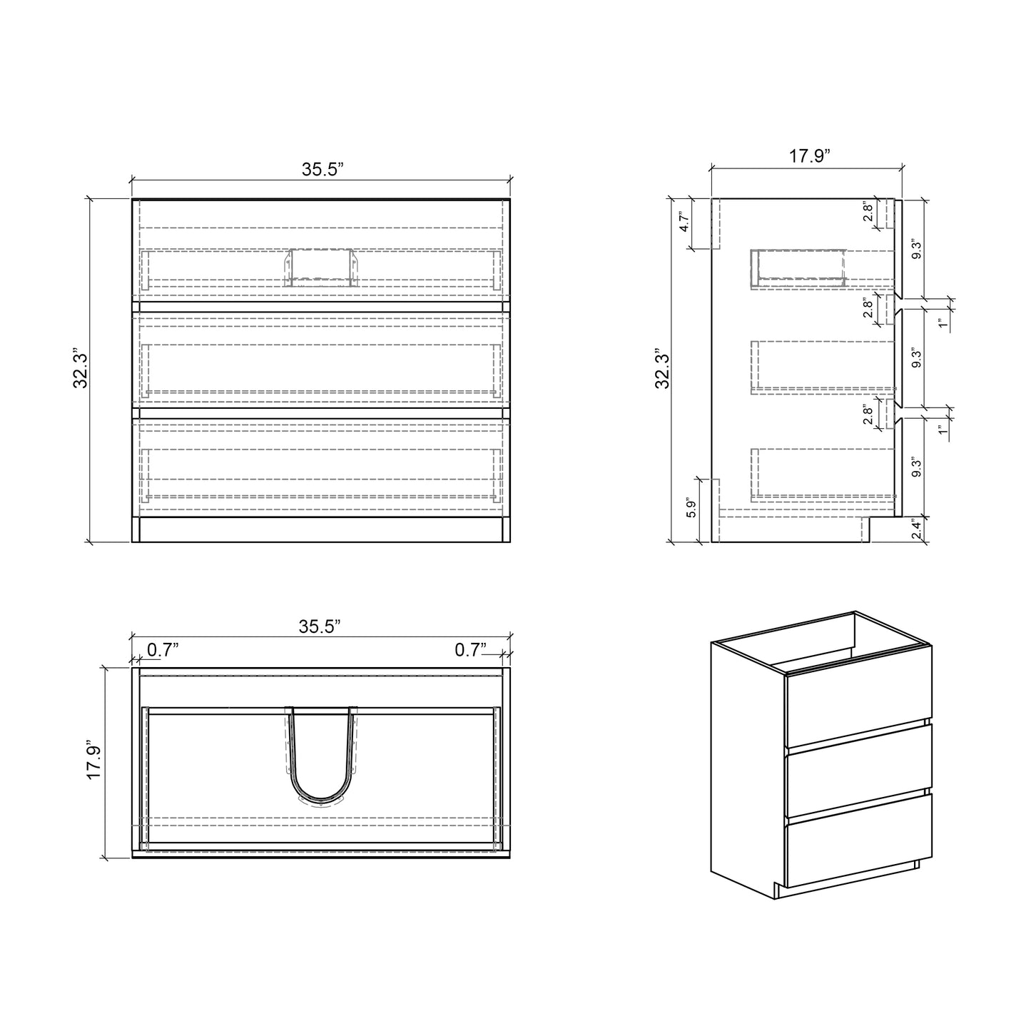 inch vanity cabinet blueprint with  drawers and dimensions