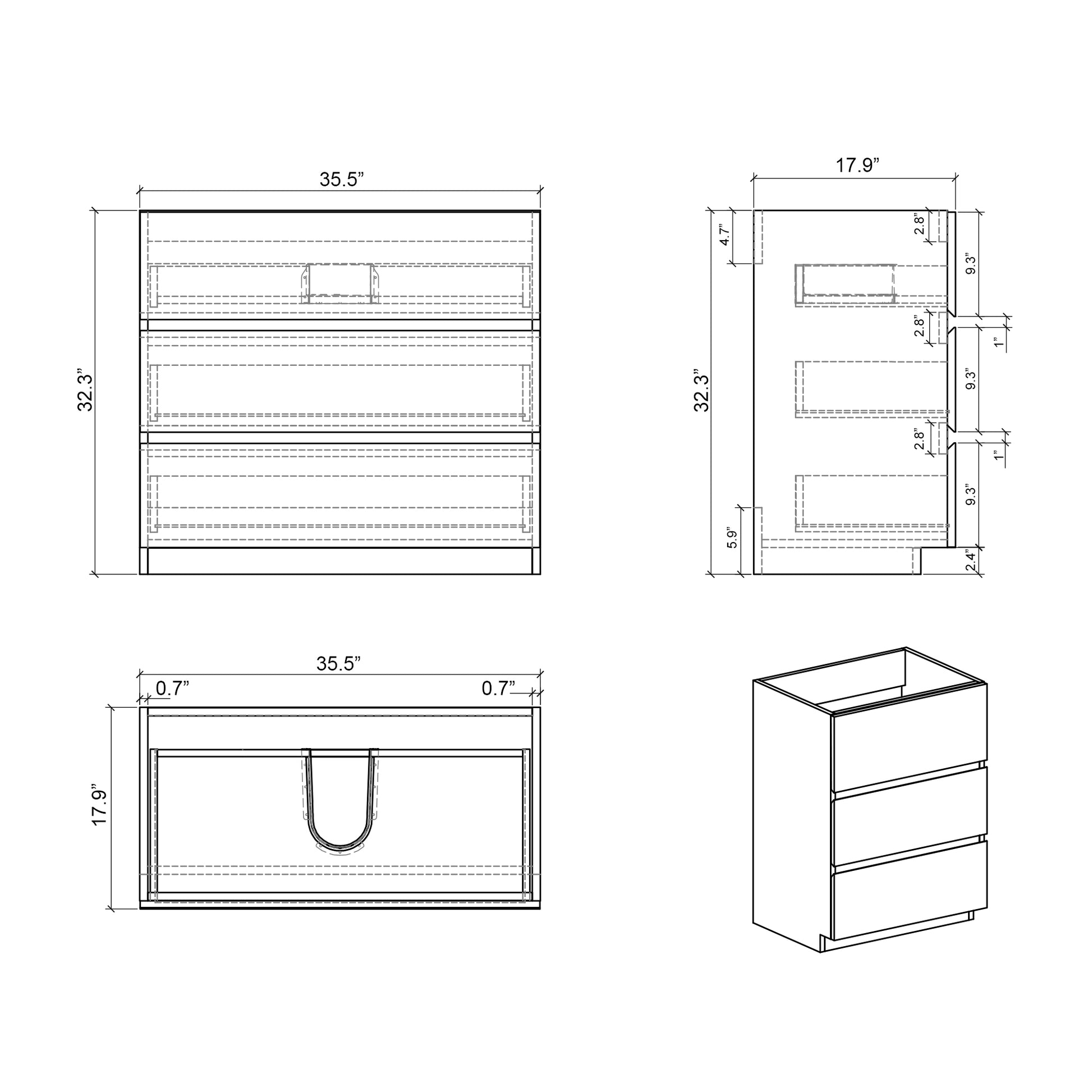 inch vanity cabinet blueprint with  drawers and dimensions