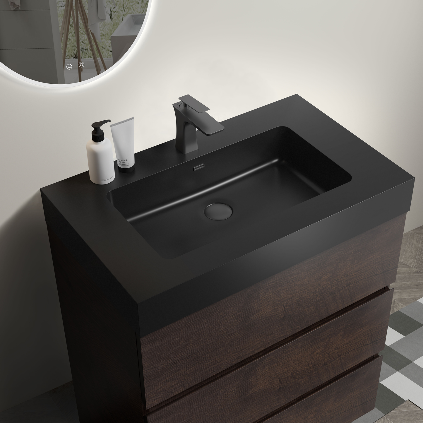 Modern matte black bathroom vanity with dark wood drawers and integrated sink