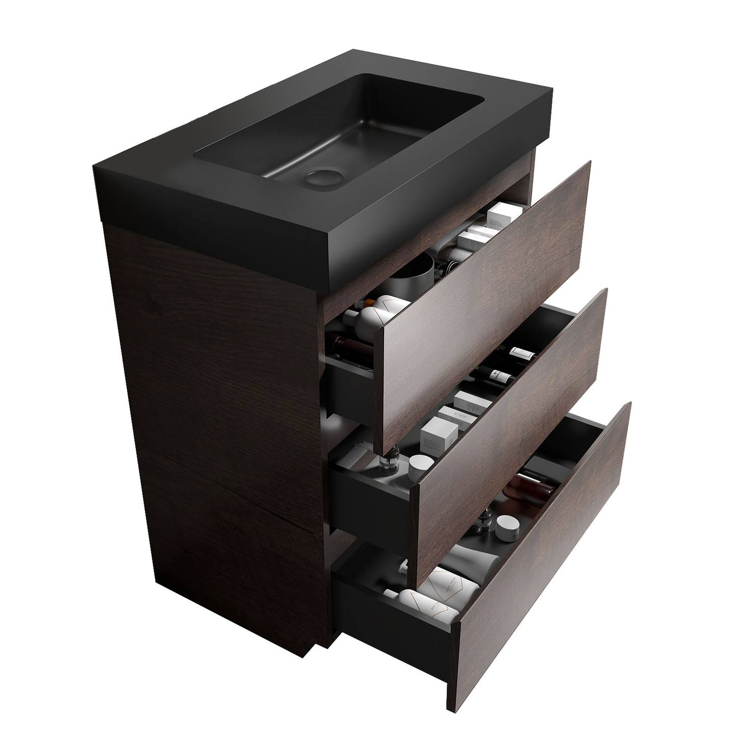 Dark wood modern vanity with black integrated sink and three drawers displaying toiletries