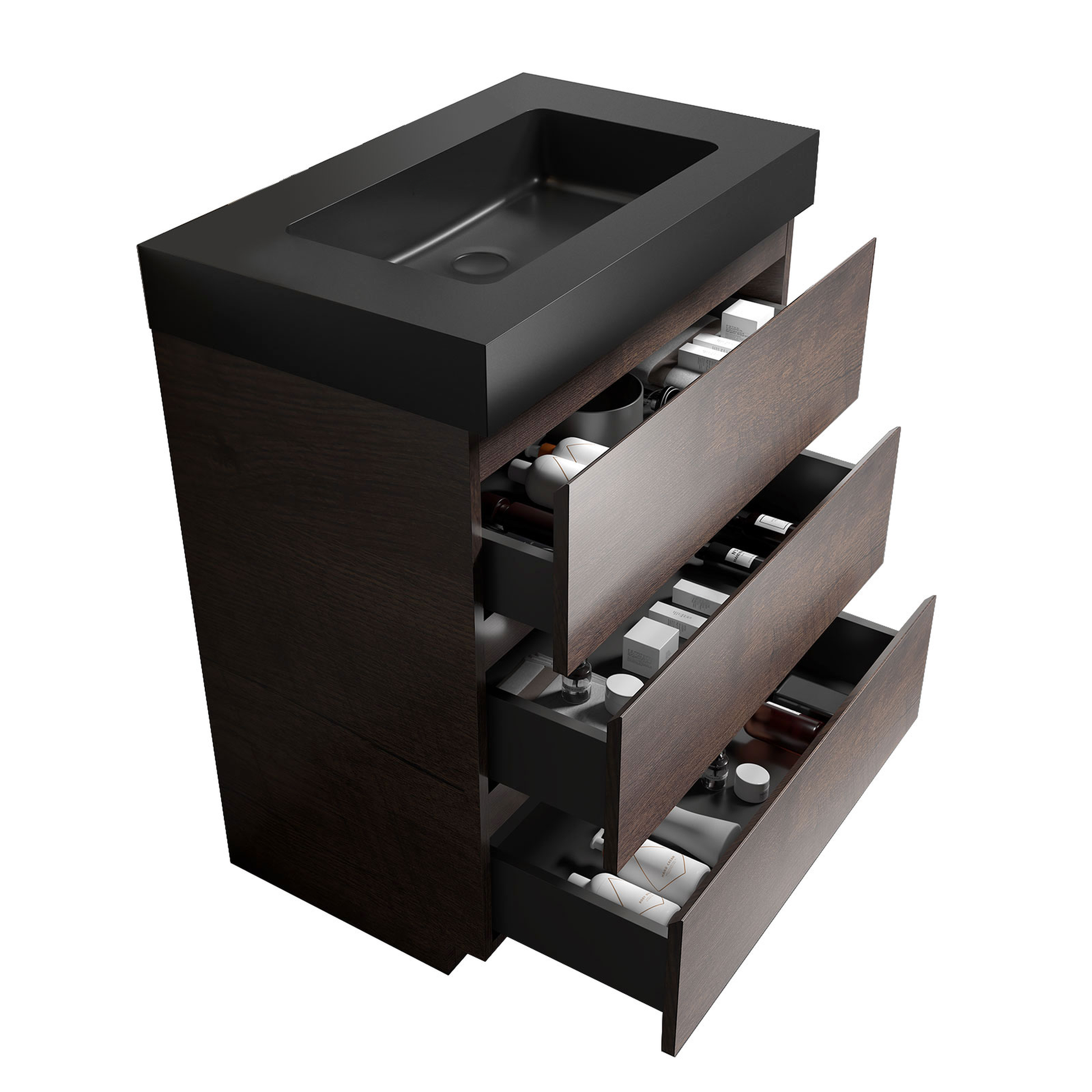 Dark wood modern vanity with black integrated sink and three drawers displaying toiletries