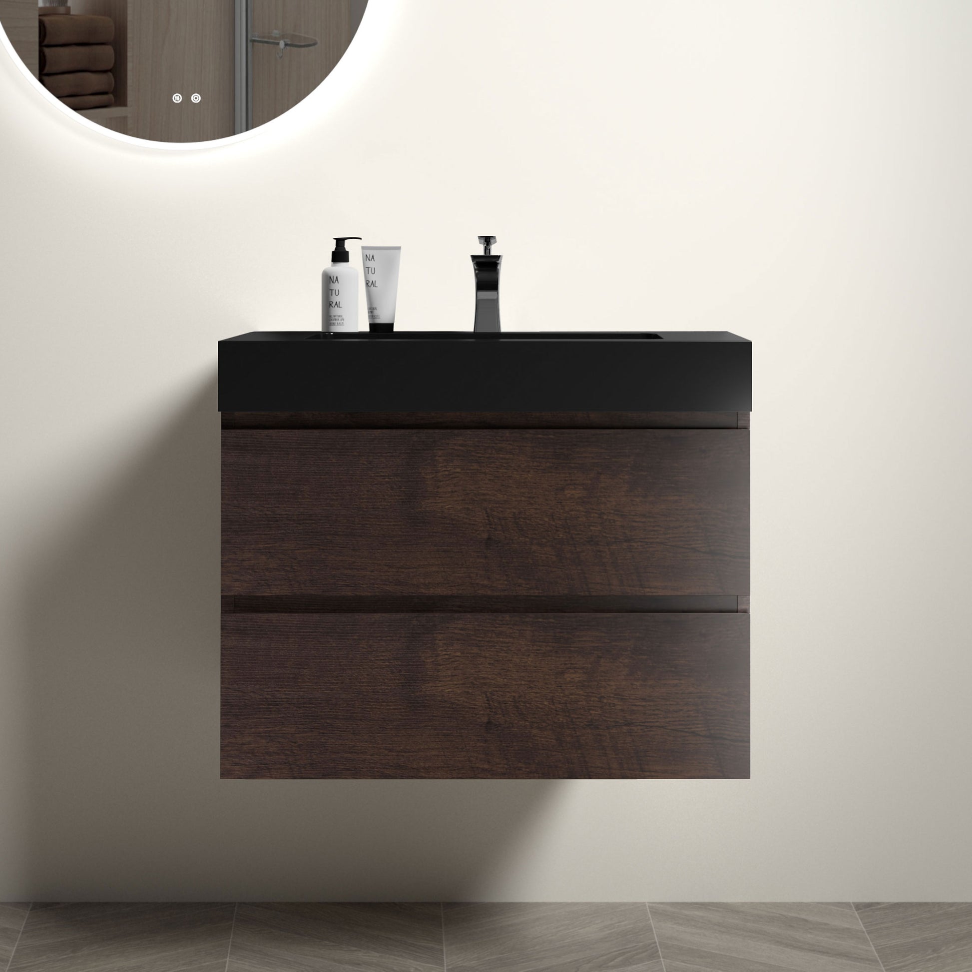 Modern floating vanity with dark wood finish and black top