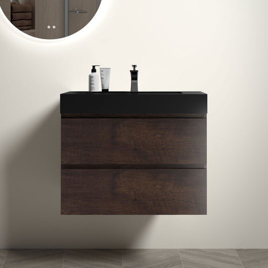 Modern floating vanity with dark wood finish and black top