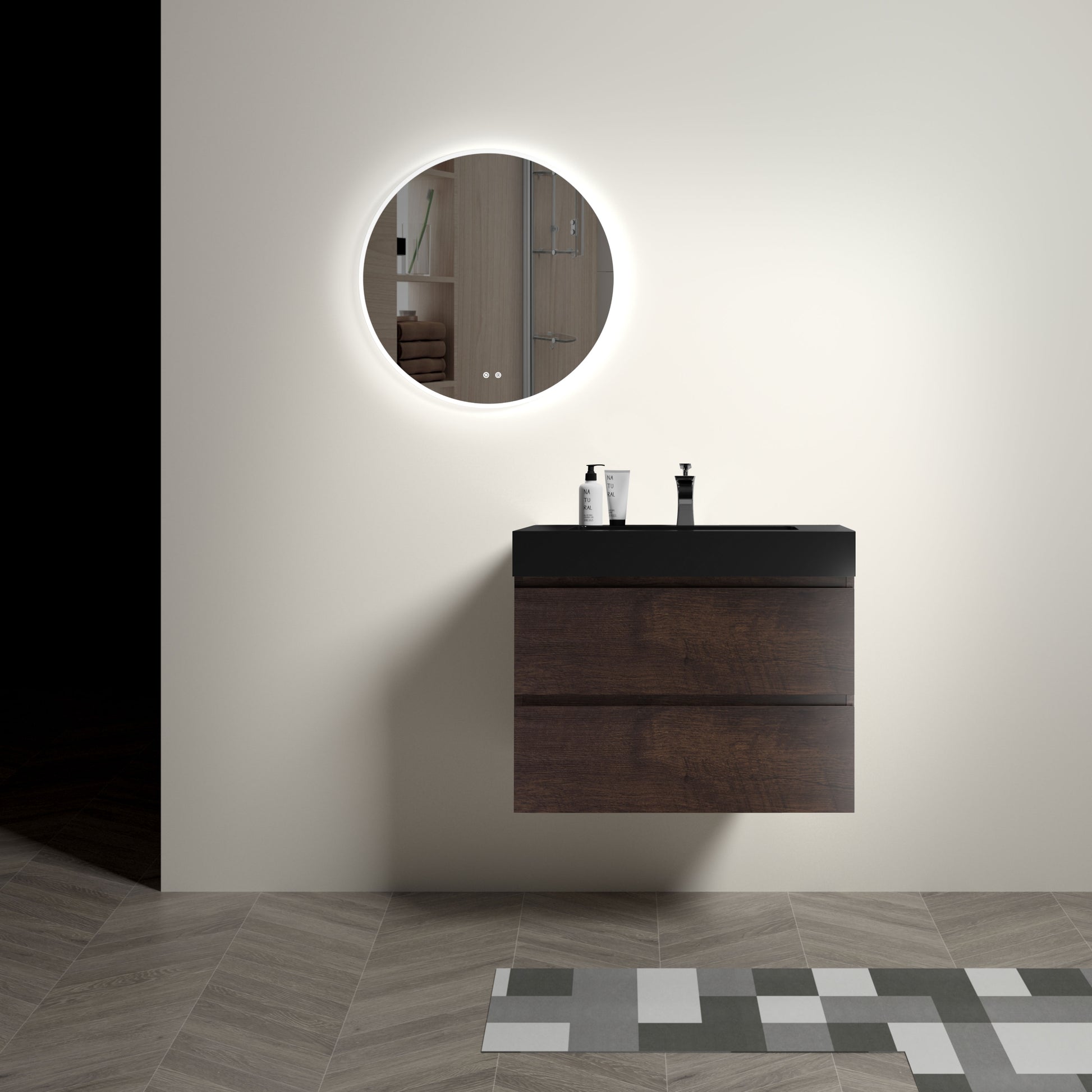 Floating dark wood bathroom vanity with two drawers and a black countertop