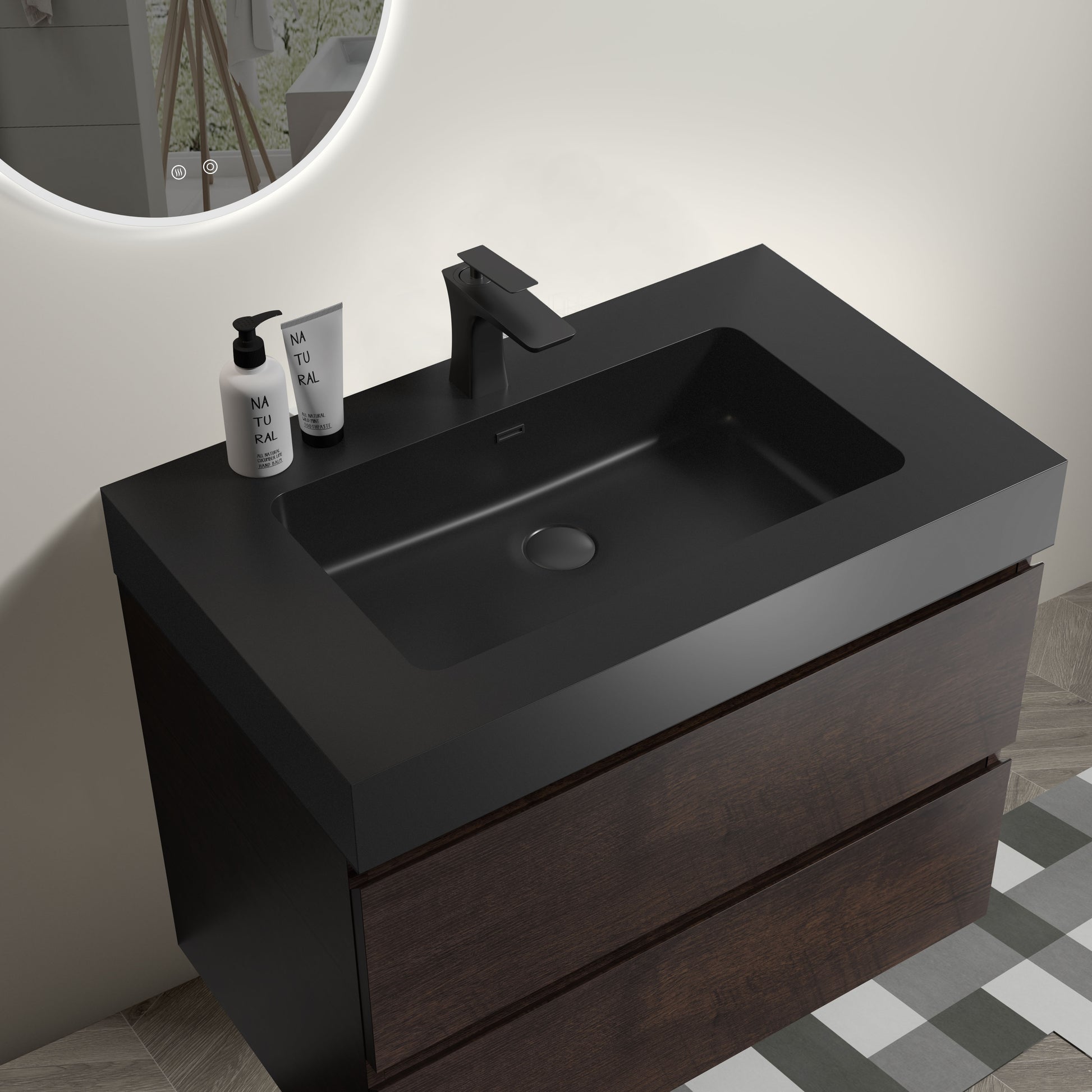 Dark espresso modern vanity with two drawers and black composite sink and faucet