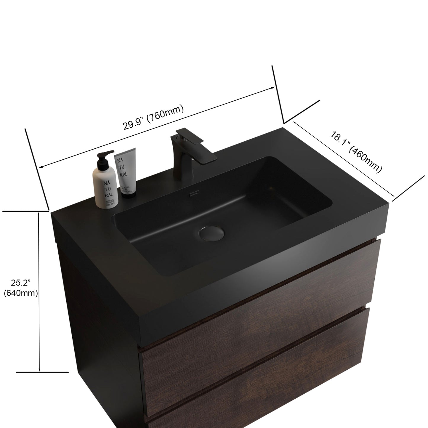 Dark walnut vanity with a black integrated sink and matte black faucet
