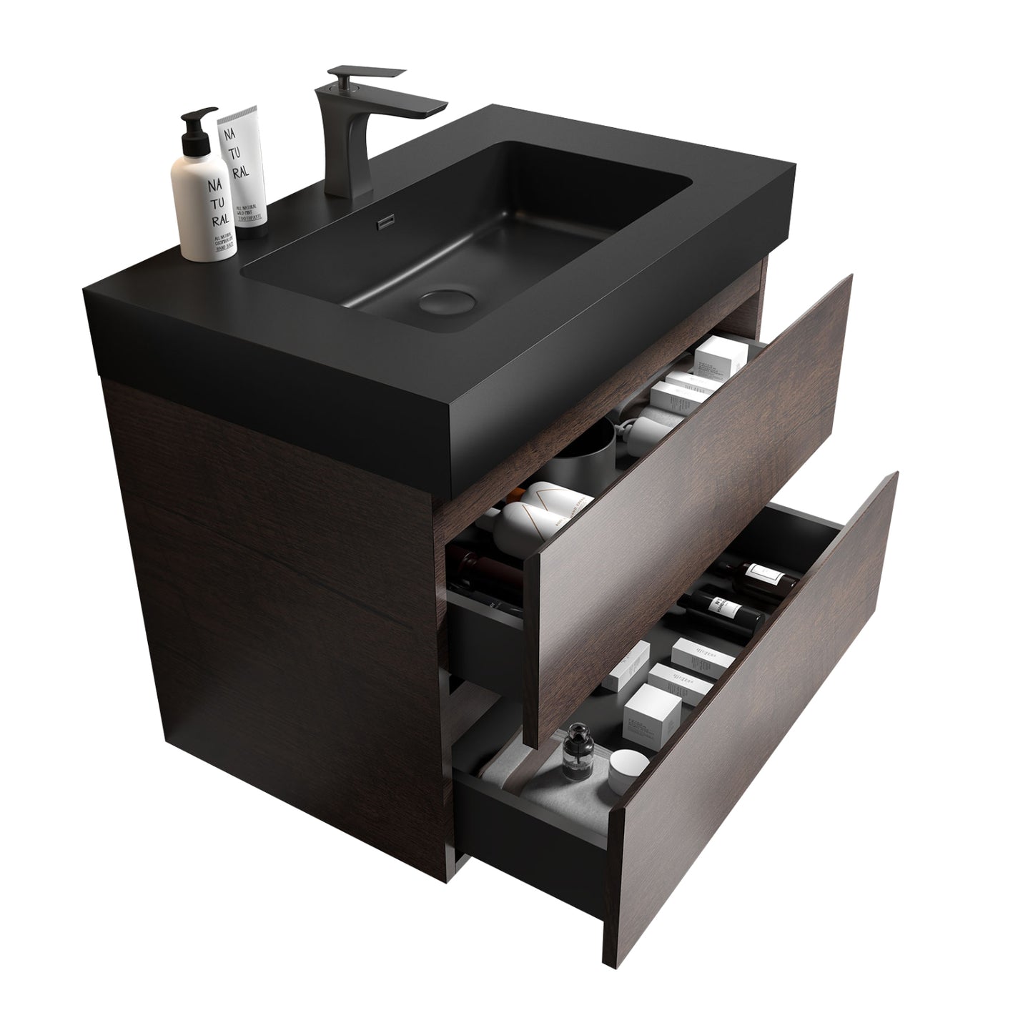 Dark oak vanity with black countertop and integrated sink