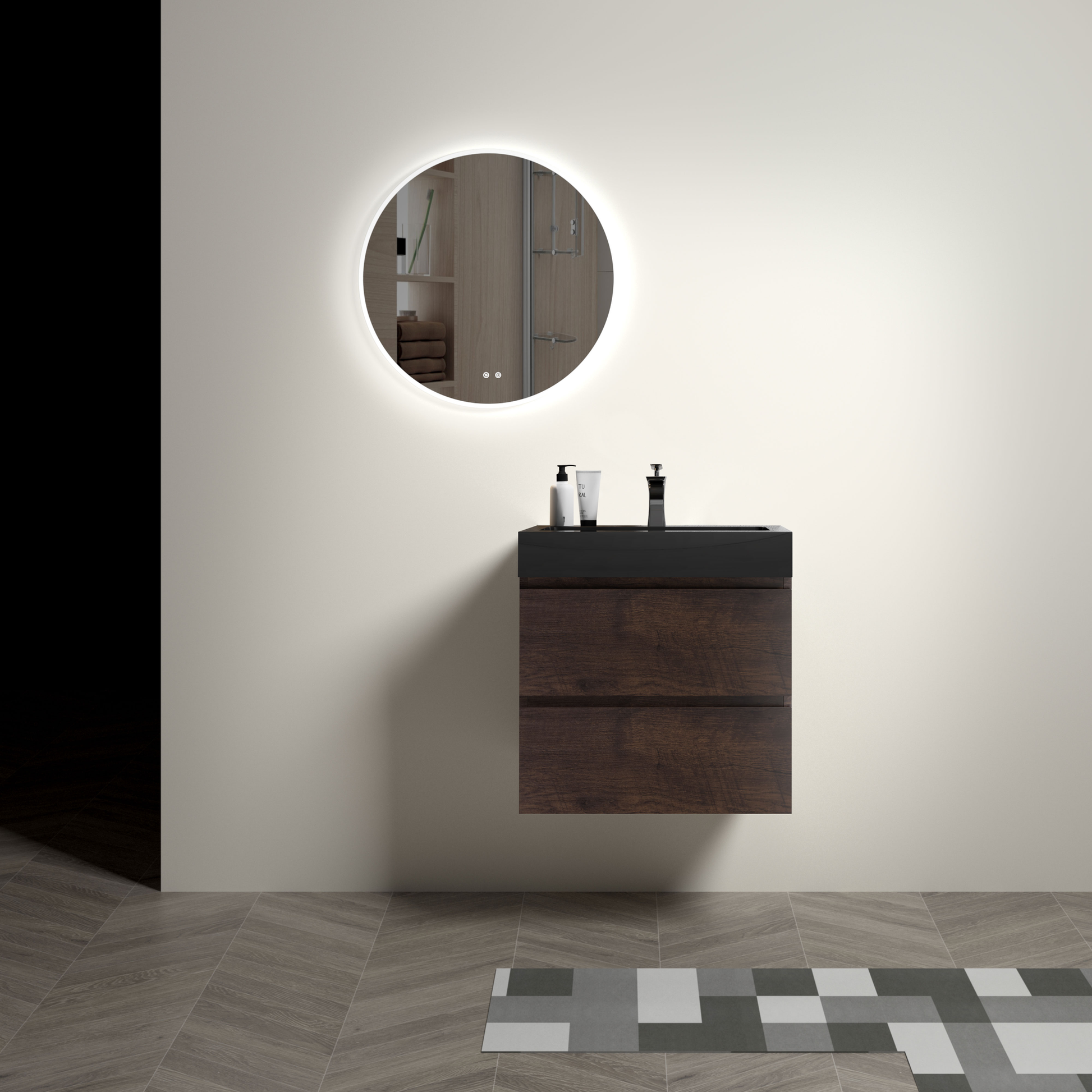 Dark oak modern bathroom vanity with black countertop and integrated sink