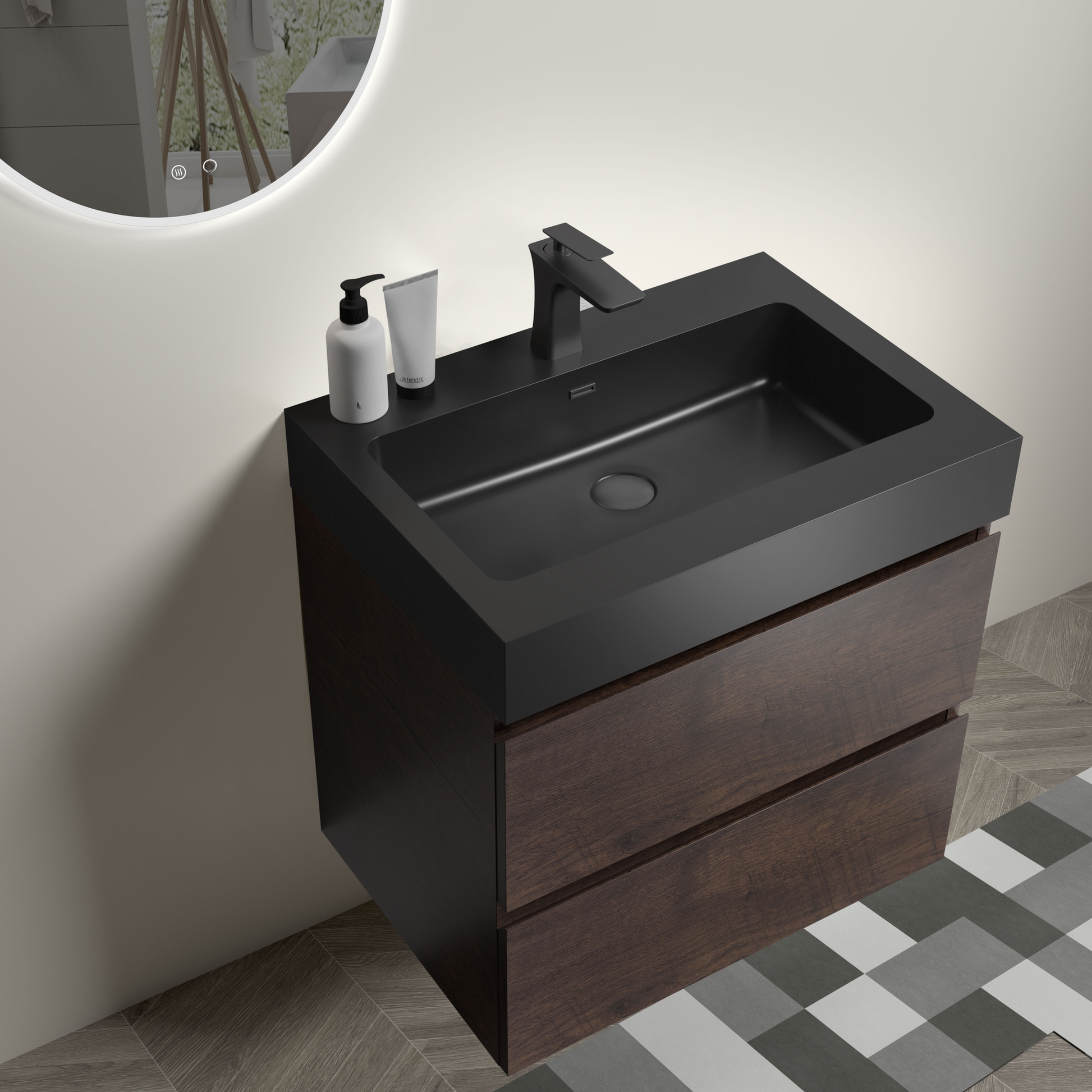 Modern black composite sink with dark wood vanity and matte black faucet